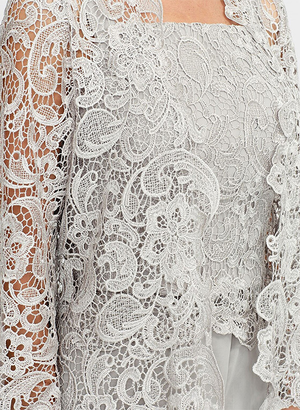 Jumpsuit/Pantsuit Square Neckline Sleeveless Chiffon Lace Mother Of The Bride Dress With Lace
