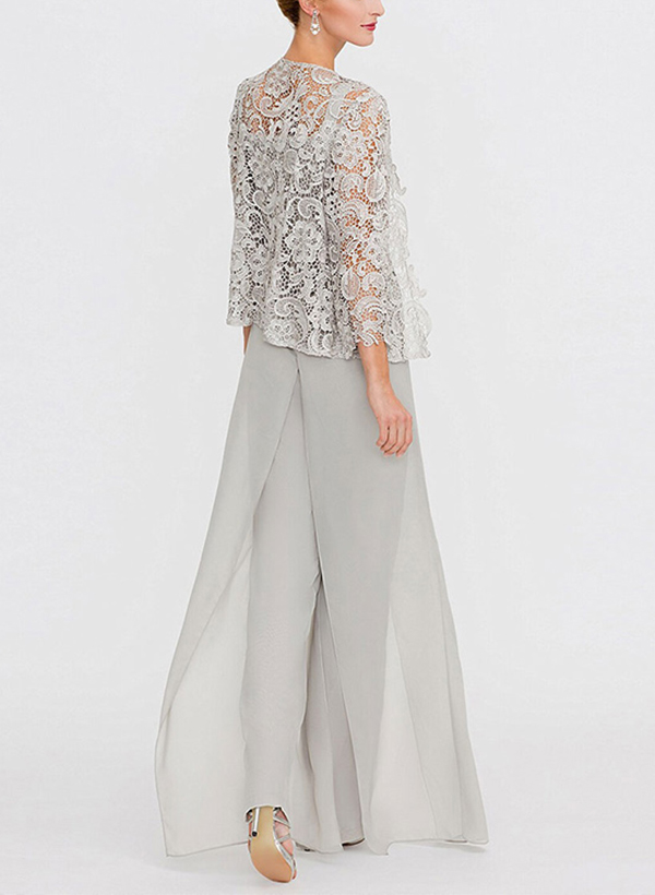 Jumpsuit/Pantsuit Square Neckline Sleeveless Chiffon Lace Mother Of The Bride Dress With Lace