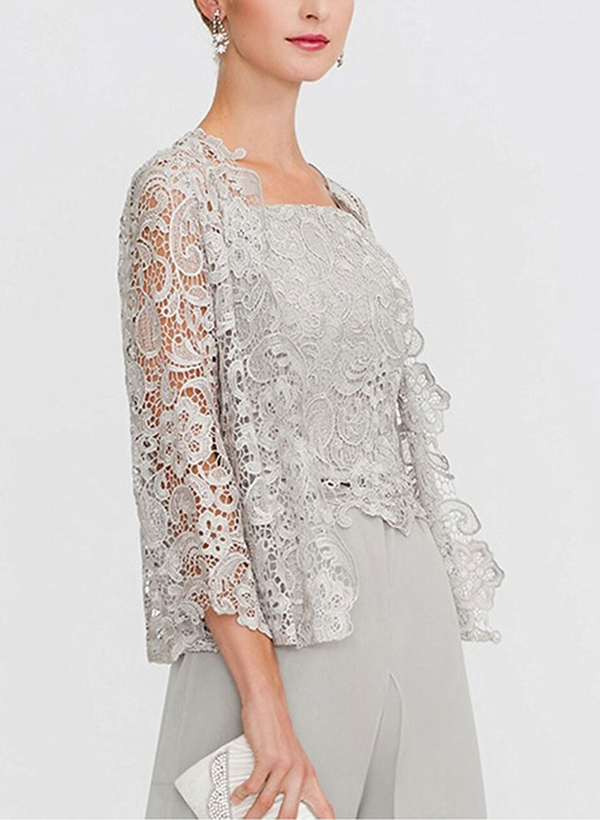 Jumpsuit/Pantsuit Square Neckline Sleeveless Chiffon Lace Mother Of The Bride Dress With Lace