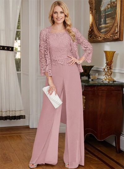 Jumpsuit/Pantsuit Square Neckline Sleeveless Chiffon Lace Mother Of The Bride Dress With Lace