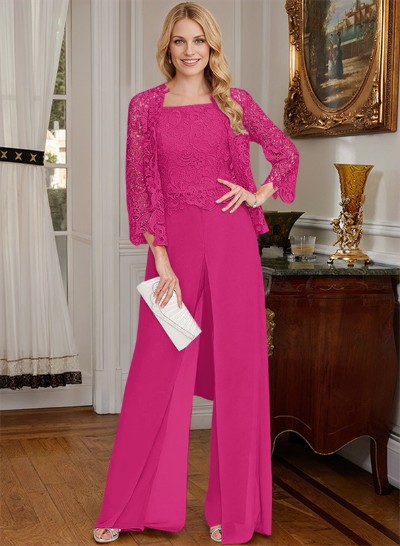 Jumpsuit/Pantsuit Square Neckline Sleeveless Chiffon Lace Mother Of The Bride Dress With Lace