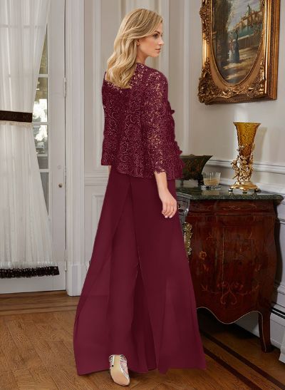 Jumpsuit/Pantsuit Square Neckline Sleeveless Chiffon Lace Mother Of The Bride Dress With Lace