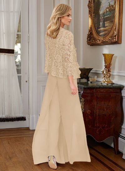 Jumpsuit/Pantsuit Square Neckline Sleeveless Chiffon Lace Mother Of The Bride Dress With Lace