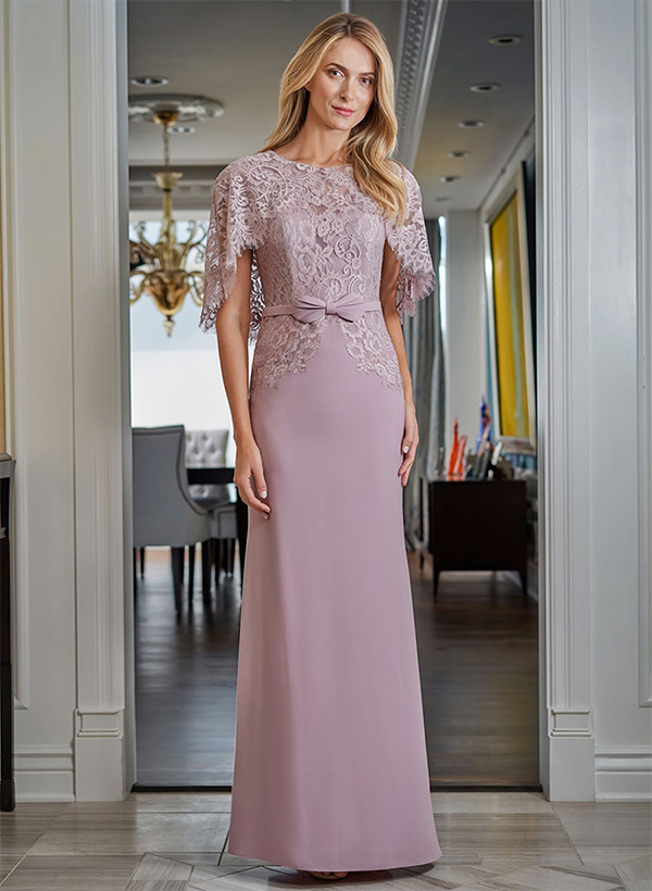 Sheath/Column Scoop Neck Sleeveless Elastic Satin Floor-Length Mother of the Bride Dress With Bow(s) Sash Lace