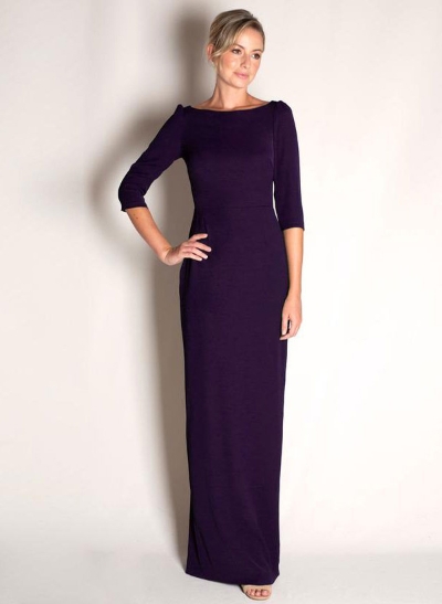 Sheath/Column Scoop Neck Long Sleeves Elastic Satin Floor-Length Mother Of The Bride Dress