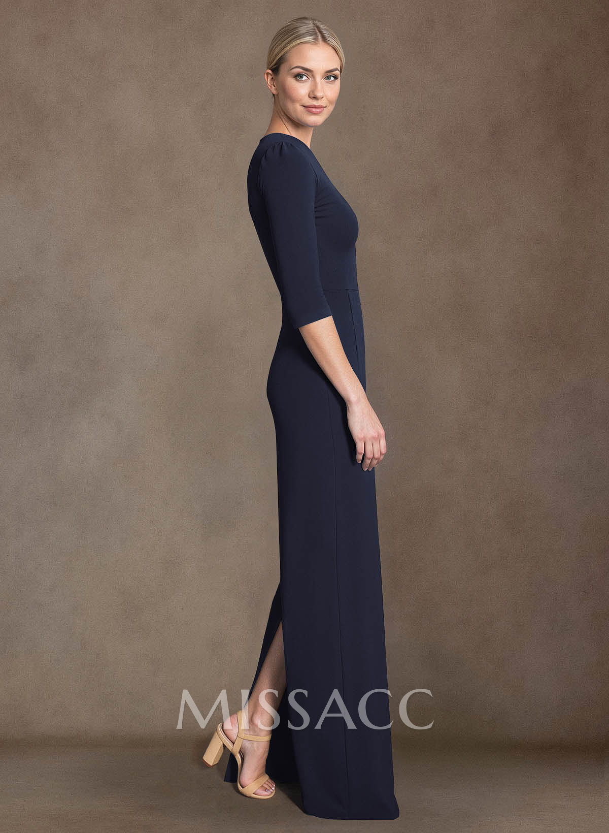 Sheath/Column Scoop Neck Long Sleeves Elastic Satin Floor-Length Mother Of The Bride Dress