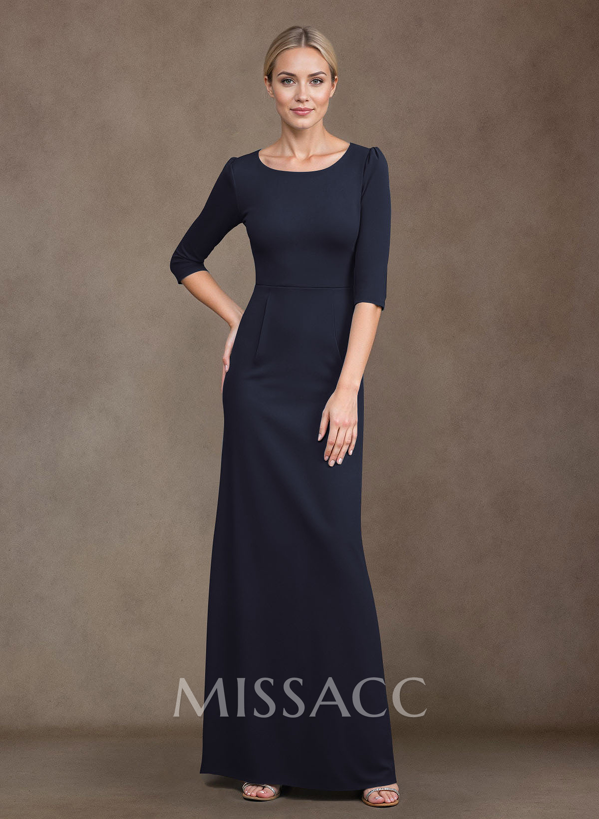 Sheath/Column Scoop Neck Long Sleeves Elastic Satin Floor-Length Mother Of The Bride Dress