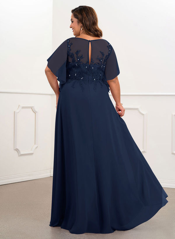 A-Line Scoop Neck Short sleeves Chiffon Floor-Length Mother of the Bride Dress With Lace