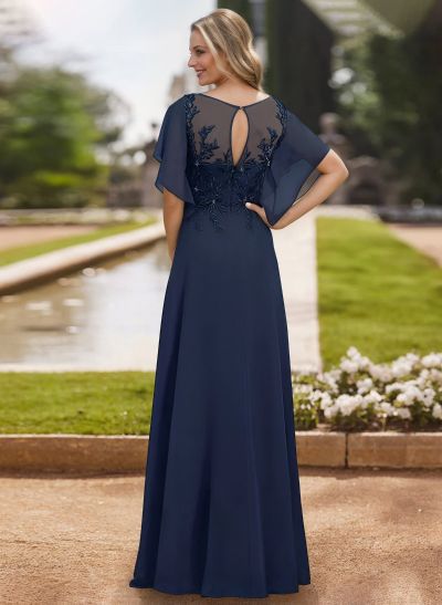 A-Line Scoop Neck Short Sleeves Chiffon Floor-Length Mother Of The Bride Dress With Lace