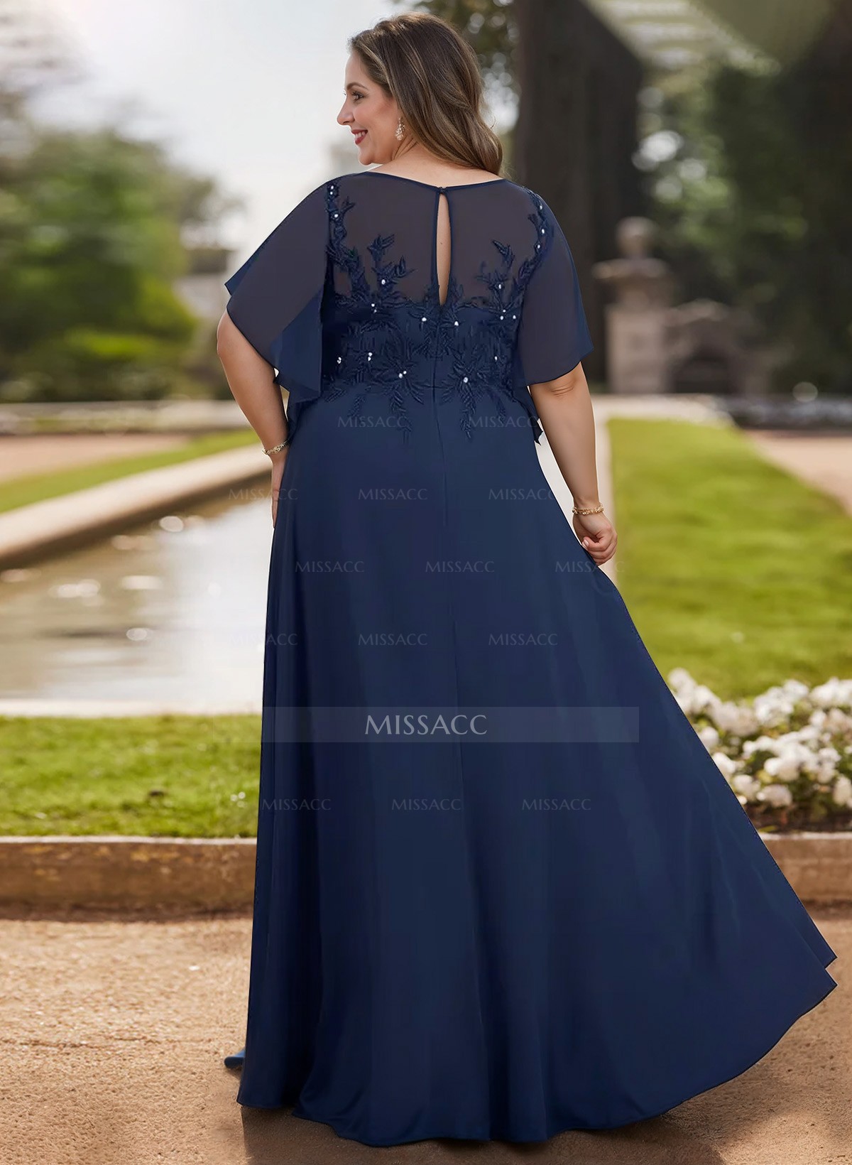 A-Line Scoop Neck Short Sleeves Chiffon Floor-Length Mother Of The Bride Dress With Lace