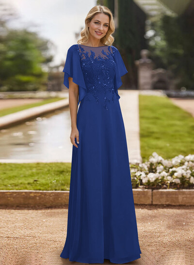 A-Line Scoop Neck Short Sleeves Chiffon Floor-Length Mother Of The Bride Dress With Lace