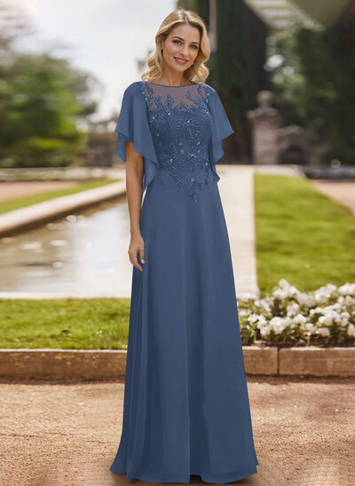 A-Line Scoop Neck Short Sleeves Chiffon Floor-Length Mother Of The Bride Dress With Lace