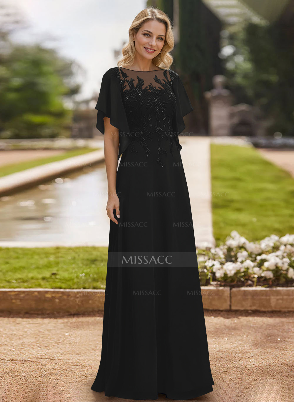 A-Line Scoop Neck Short Sleeves Chiffon Floor-Length Mother Of The Bride Dress With Lace