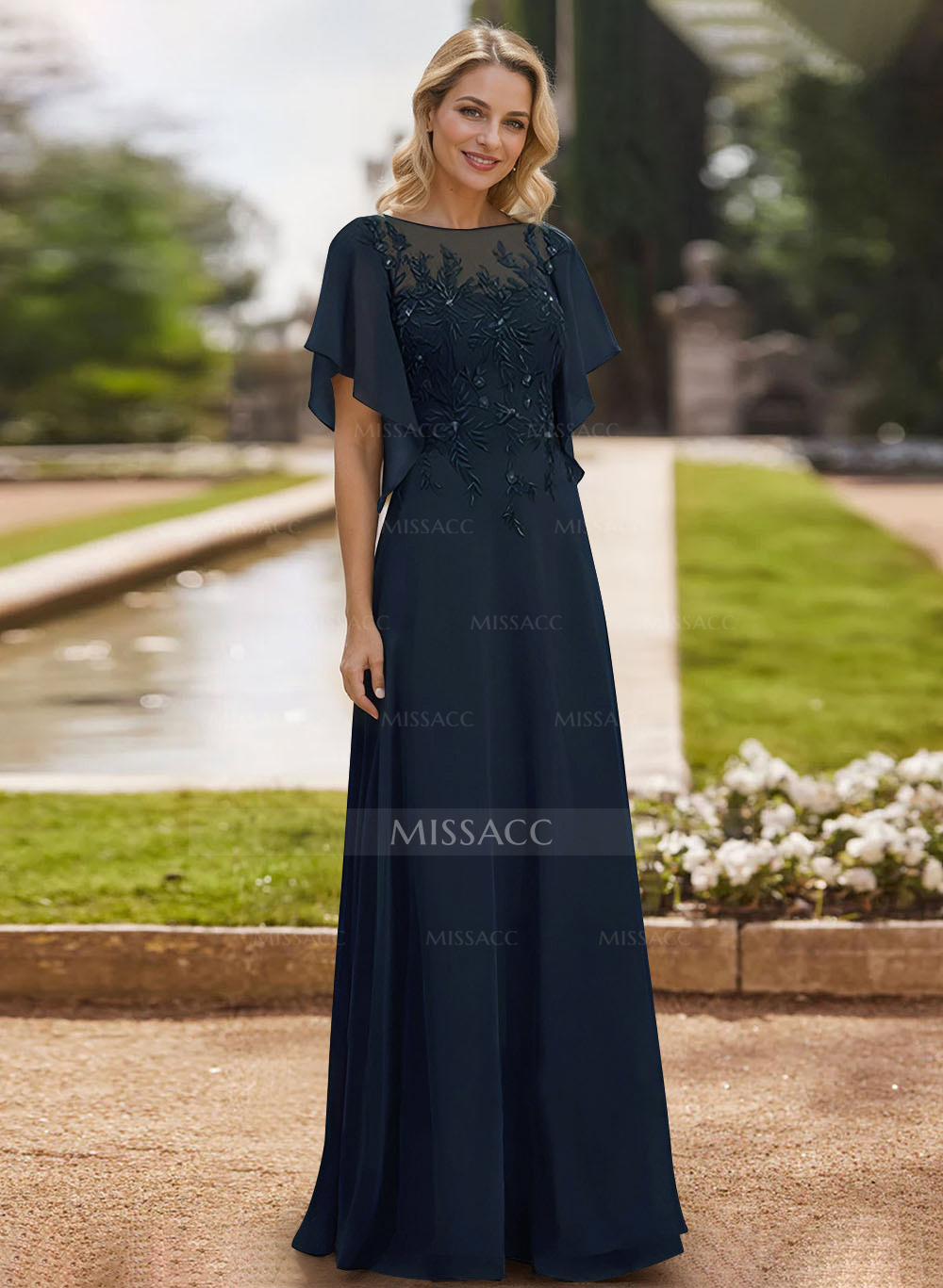 A-Line Scoop Neck Short Sleeves Chiffon Floor-Length Mother Of The Bride Dress With Lace
