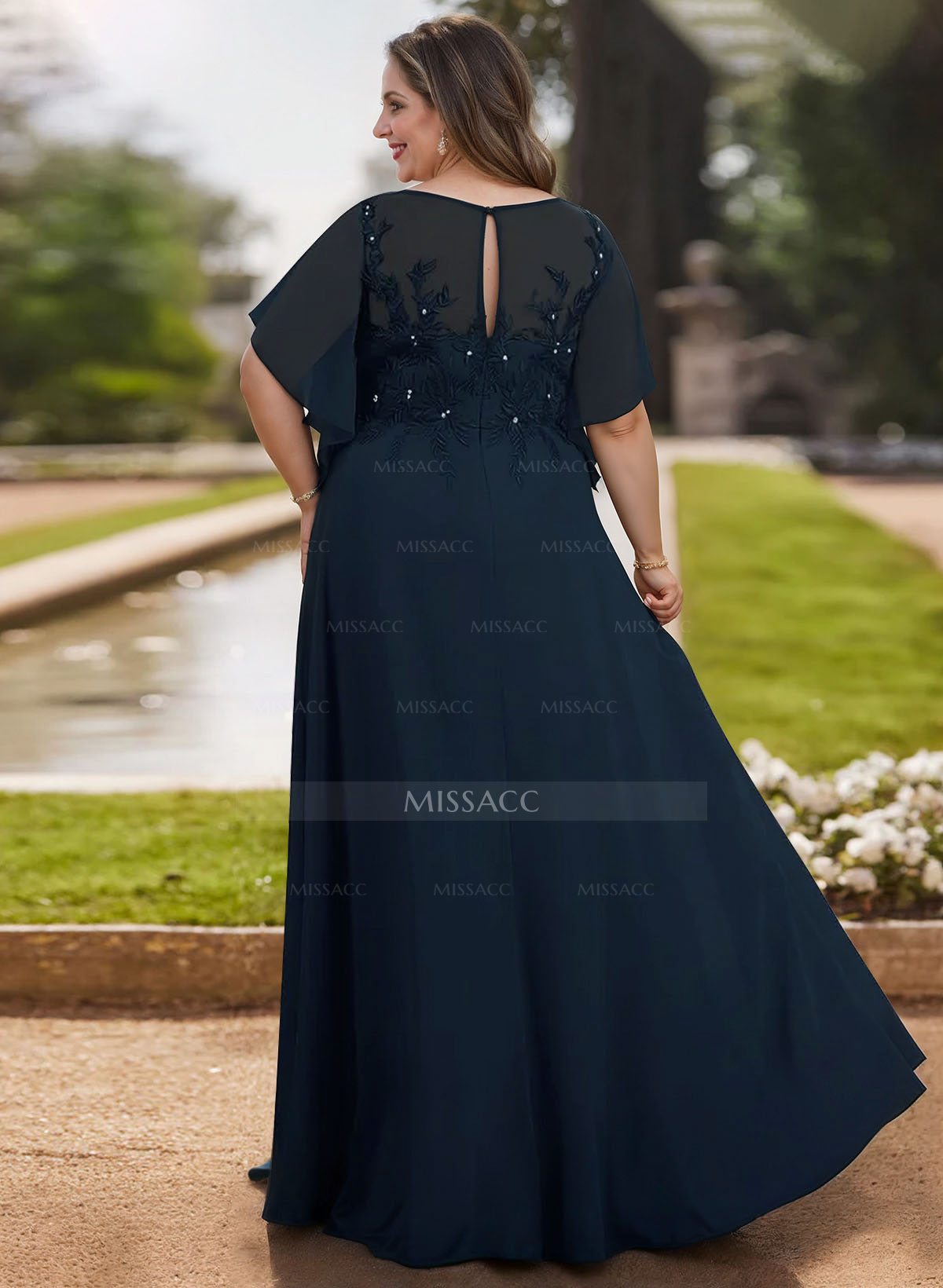 A-Line Scoop Neck Short Sleeves Chiffon Floor-Length Mother Of The Bride Dress With Lace