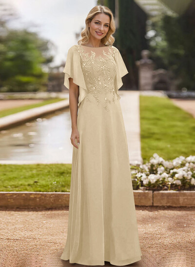 A-Line Scoop Neck Short Sleeves Chiffon Floor-Length Mother Of The Bride Dress With Lace