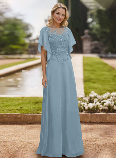 A-Line Scoop Neck Short Sleeves Chiffon Floor-Length Mother Of The Bride Dress With Lace