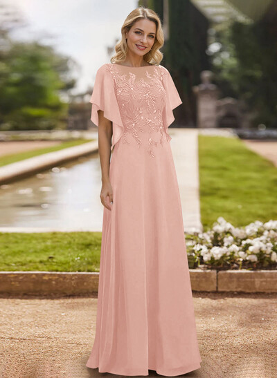 A-Line Scoop Neck Short Sleeves Chiffon Floor-Length Mother Of The Bride Dress With Lace