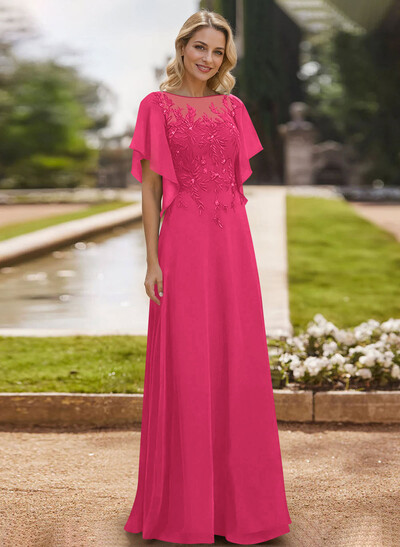 A-Line Scoop Neck Short Sleeves Chiffon Floor-Length Mother Of The Bride Dress With Lace