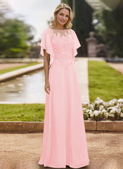 A-Line Scoop Neck Short Sleeves Chiffon Floor-Length Mother Of The Bride Dress With Lace