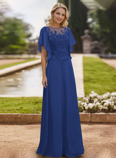 A-Line Scoop Neck Short Sleeves Chiffon Floor-Length Mother Of The Bride Dress With Lace