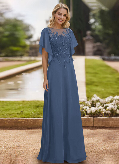 A-Line Scoop Neck Short Sleeves Chiffon Floor-Length Mother Of The Bride Dress With Lace