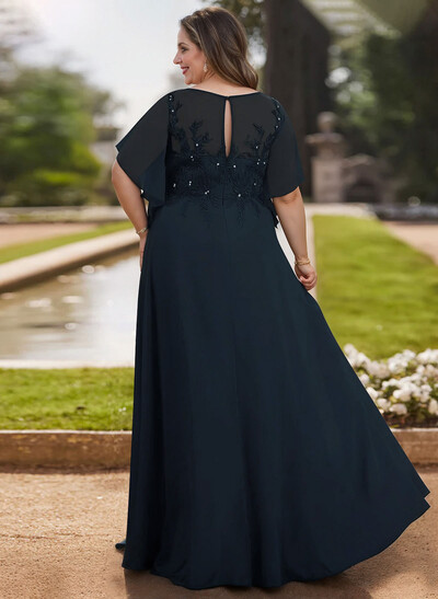A-Line Scoop Neck Short Sleeves Chiffon Floor-Length Mother Of The Bride Dress With Lace