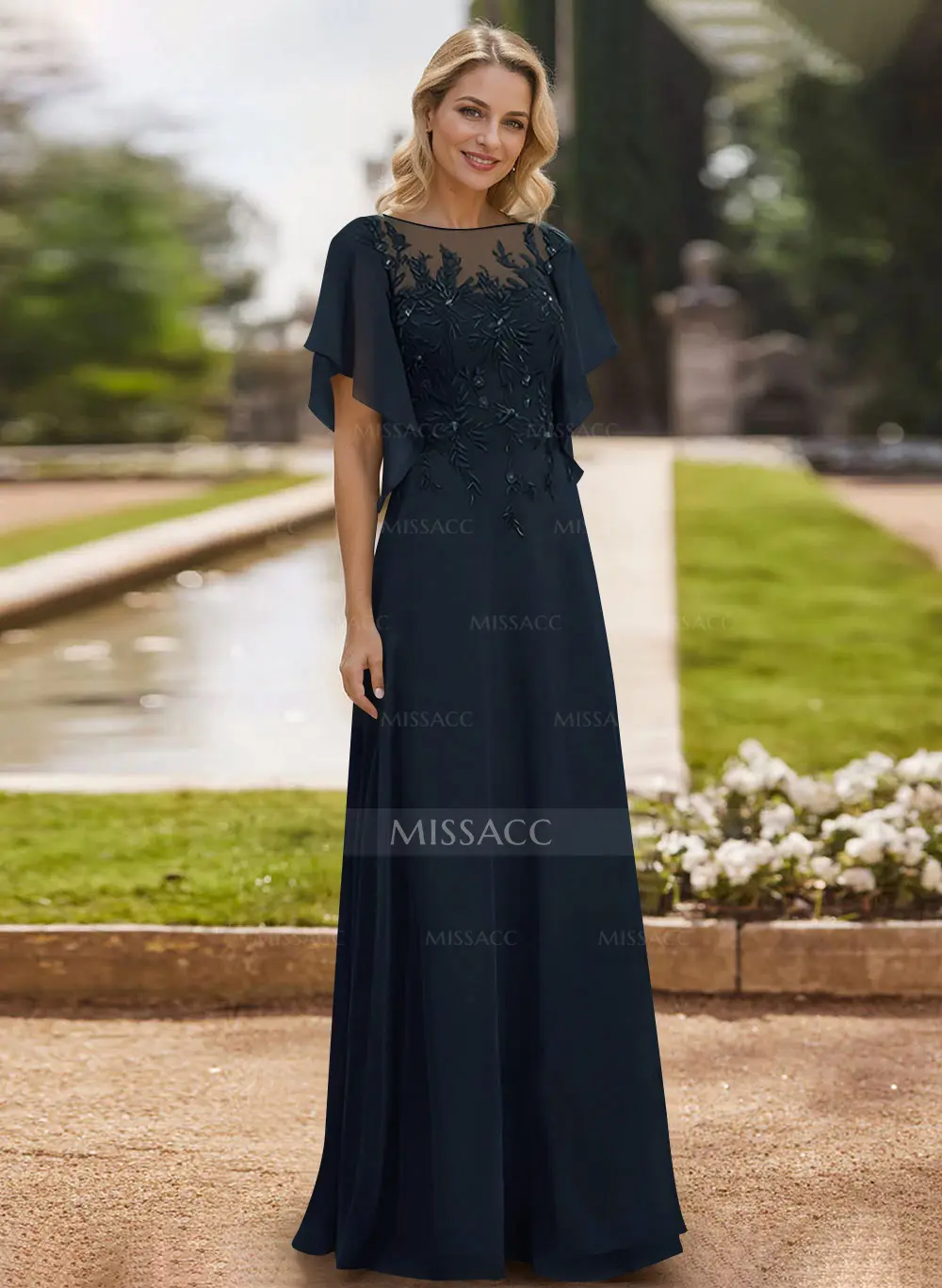 A-Line Scoop Neck Short Sleeves Chiffon Floor-Length Mother Of The Bride Dress With Lace  $169