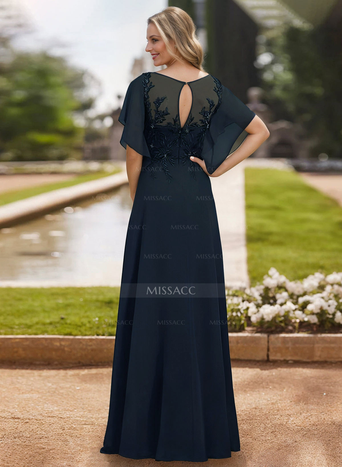 A-Line Scoop Neck Short Sleeves Chiffon Floor-Length Mother Of The Bride Dress With Lace