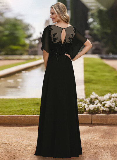 A-Line Scoop Neck Short Sleeves Chiffon Floor-Length Mother Of The Bride Dress With Lace