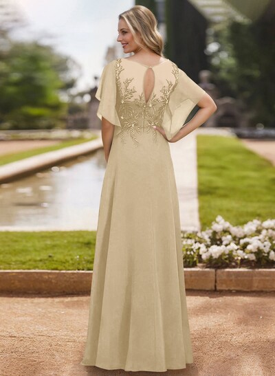 A-Line Scoop Neck Short Sleeves Chiffon Floor-Length Mother Of The Bride Dress With Lace