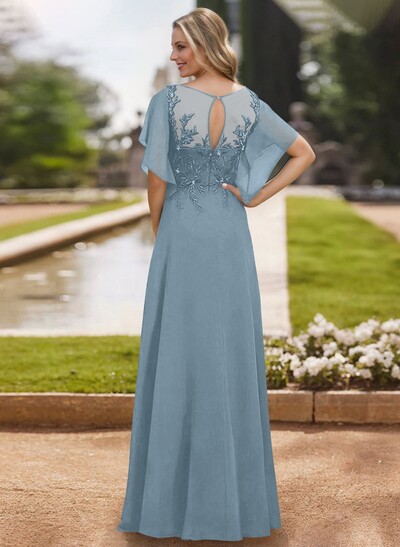 A-Line Scoop Neck Short Sleeves Chiffon Floor-Length Mother Of The Bride Dress With Lace