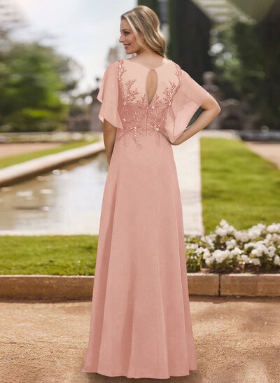 A-Line Scoop Neck Short Sleeves Chiffon Floor-Length Mother Of The Bride Dress With Lace