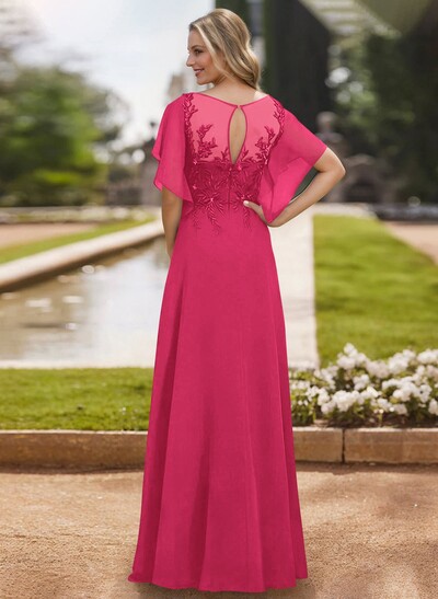 A-Line Scoop Neck Short Sleeves Chiffon Floor-Length Mother Of The Bride Dress With Lace