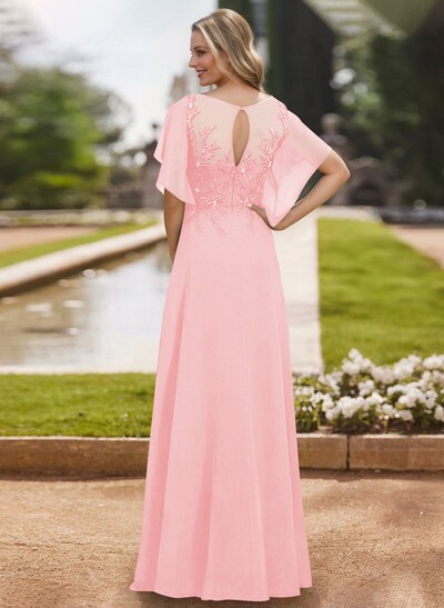 A-Line Scoop Neck Short Sleeves Chiffon Floor-Length Mother Of The Bride Dress With Lace