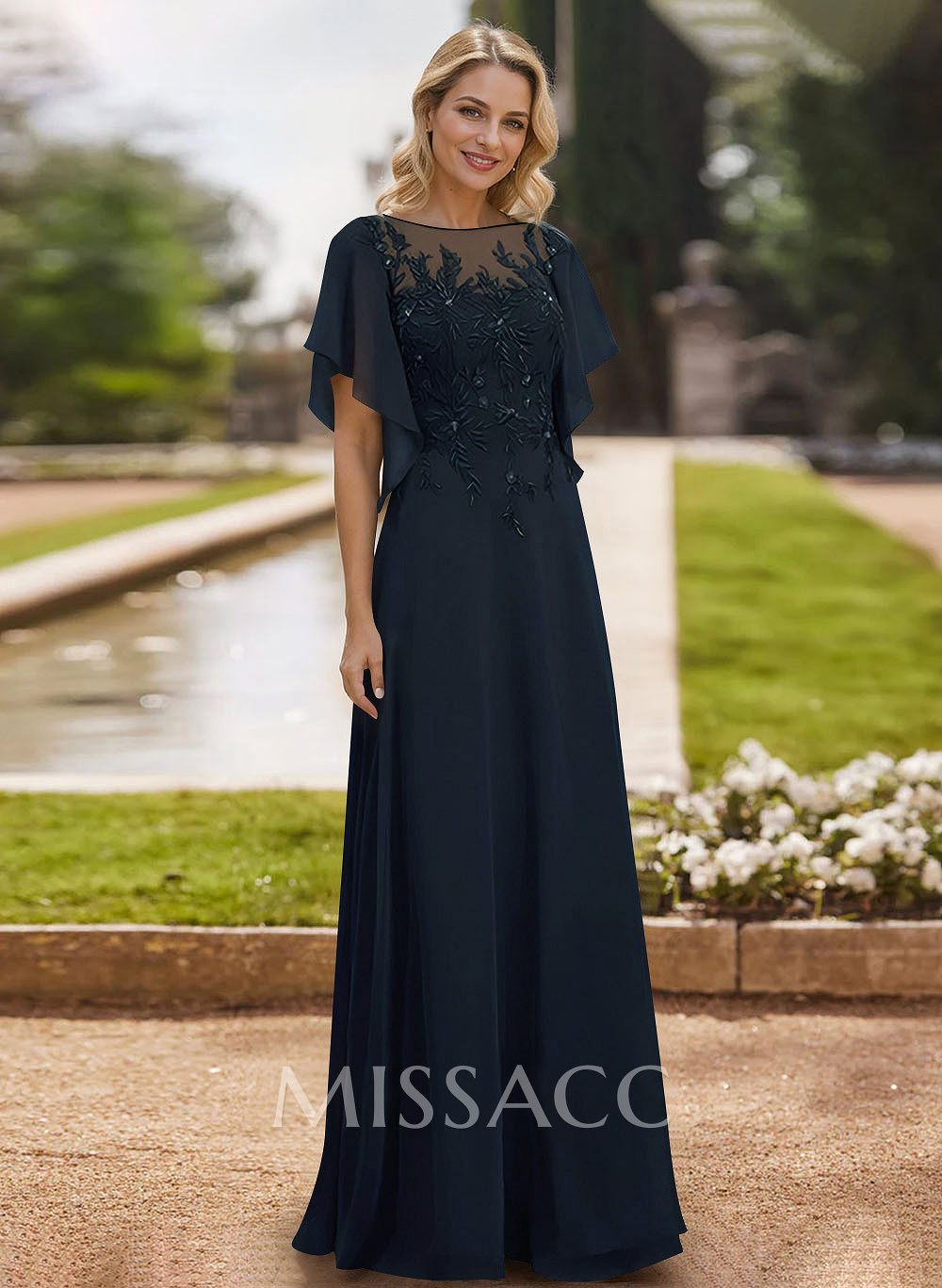 A-Line Scoop Neck Short Sleeves Chiffon Floor-Length Mother Of The Bride Dress With Lace A-Line Scoop Neck Short Sleeves Chiffon Floor-Length Mother Of The Bride Dress With Lace