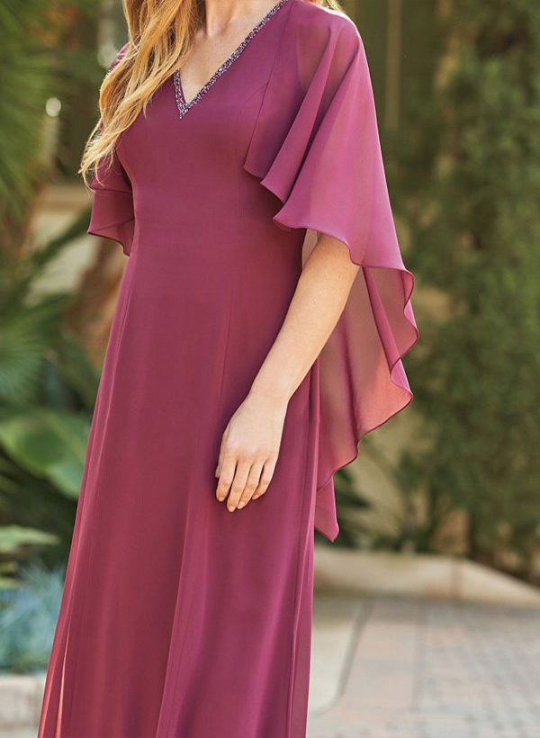 A-Line V-Neck Short sleeves Chiffon Floor-Length Mother of the Bride Dress With Beading