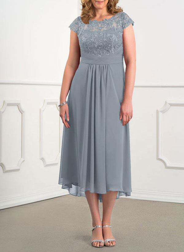 A-Line Scoop Neck Sleeveless Cap Straps Chiffon Asymmetrical Mother Of The Bride Dress With Pleated Lace
