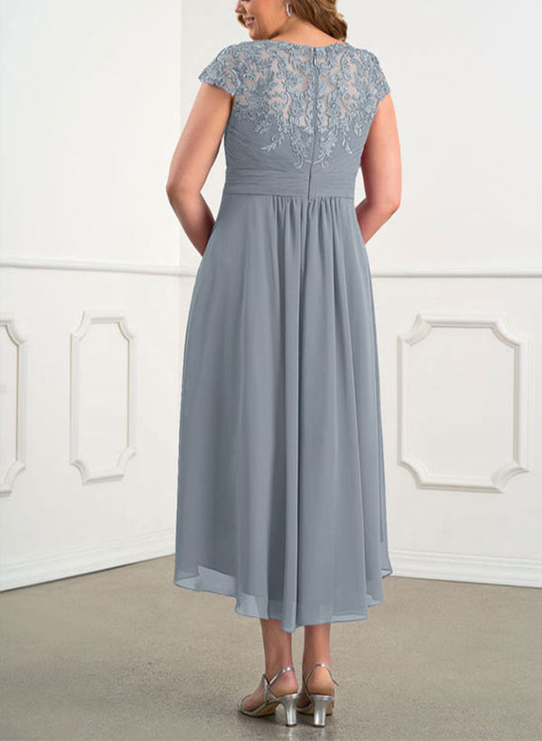 A-Line Scoop Neck Sleeveless Cap Straps Chiffon Asymmetrical Mother Of The Bride Dress With Pleated Lace