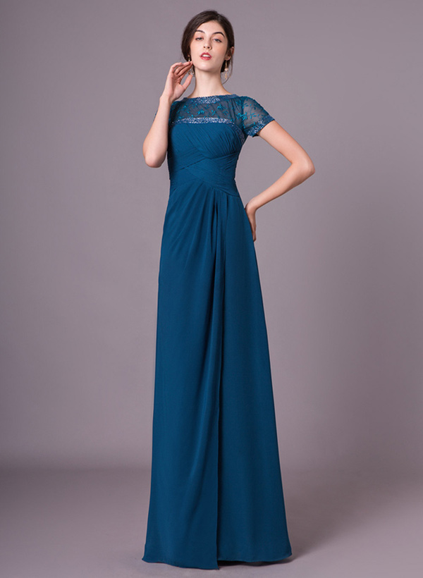 A-Line Scoop Neck Short Sleeves Chiffon Floor-Length Mother Of The Bride Dress With Pleated