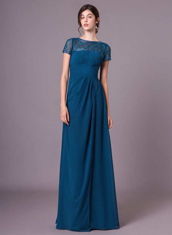 A-Line Scoop Neck Short Sleeves Chiffon Floor-Length Mother Of The Bride Dress With Pleated