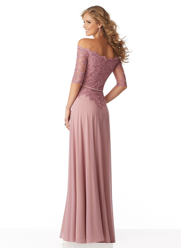 A-Line Off-the-Shoulder 1/2  sleeves Chiffon Lace Floor-Length Mother of the Bride Dress With Sash Lace