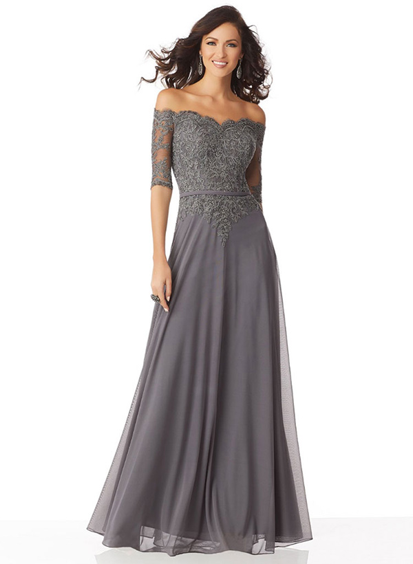 A-Line Off-the-Shoulder 1/2  sleeves Chiffon Lace Floor-Length Mother of the Bride Dress With Sash Lace
