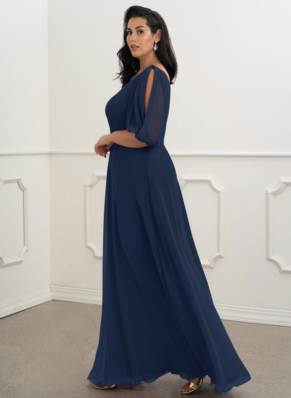 A-Line V-Neck 1/2 Sleeves Chiffon Floor-Length Mother Of The Bride Dress With Pleated