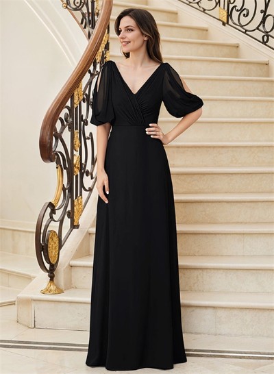 A-Line V-Neck 1/2 Sleeves Chiffon Floor-Length Mother Of The Bride Dress With Pleated