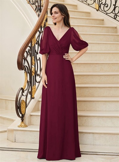 A-Line V-Neck 1/2 Sleeves Chiffon Floor-Length Mother Of The Bride Dress With Pleated