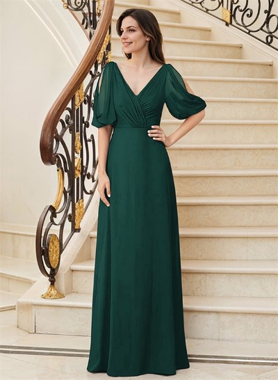 A-Line V-Neck 1/2 Sleeves Chiffon Floor-Length Mother Of The Bride Dress With Pleated