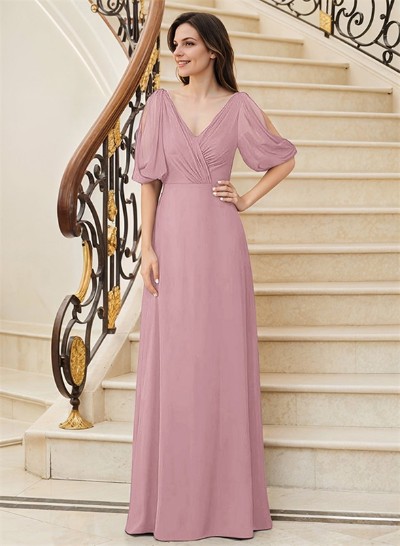 A-Line V-Neck 1/2 Sleeves Chiffon Floor-Length Mother Of The Bride Dress With Pleated