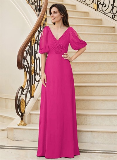 A-Line V-Neck 1/2 Sleeves Chiffon Floor-Length Mother Of The Bride Dress With Pleated