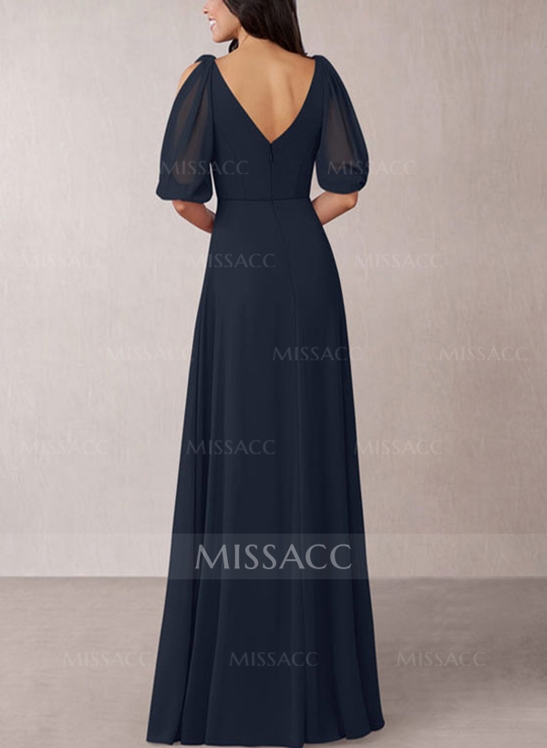 A-Line V-Neck 1/2 Sleeves Chiffon Floor-Length Mother Of The Bride Dress With Pleated